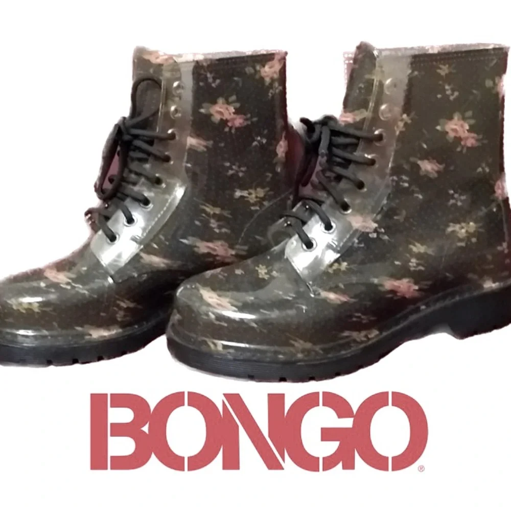 BONGO Cameroon Clear-Black Floral Grunge/Combat Vinyl Boots/Rainboots Sz 7 - Picture 1 of 7